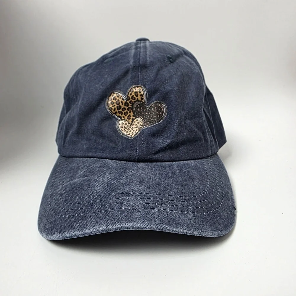 Womens Leopard Print Heart Navy Blue Washed Denim Baseball Cap Adjustable Hat